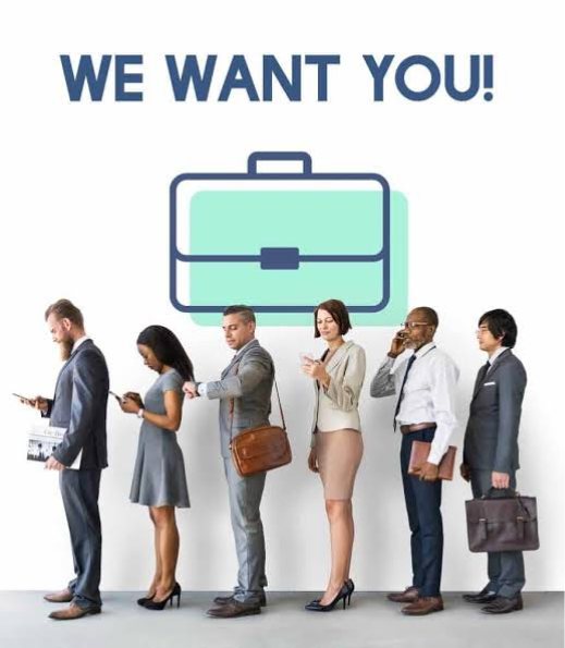 A queue of job candidates beneath a "We want you!" briefcase graphic