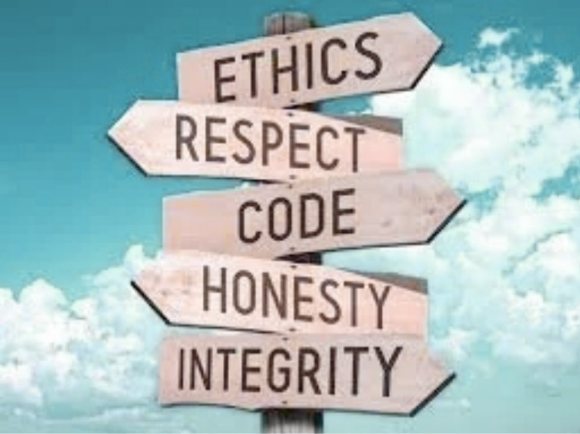 A signpost pointing to ethics, respect, code, honesty and integrity