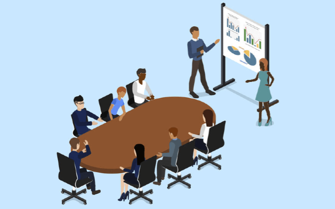 An illustration of a team presenting performance data in a boardroom