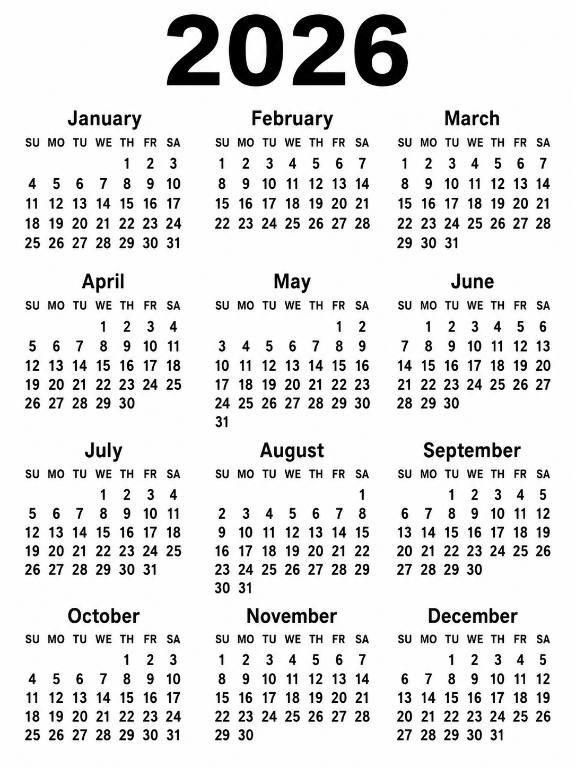 A 2026 year calendar