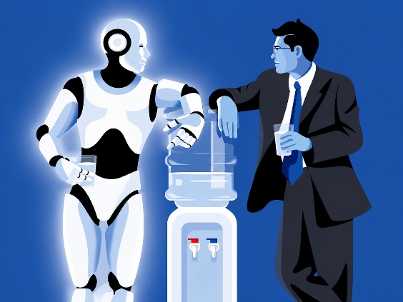 A robot and an office worker standing together at a water cooler